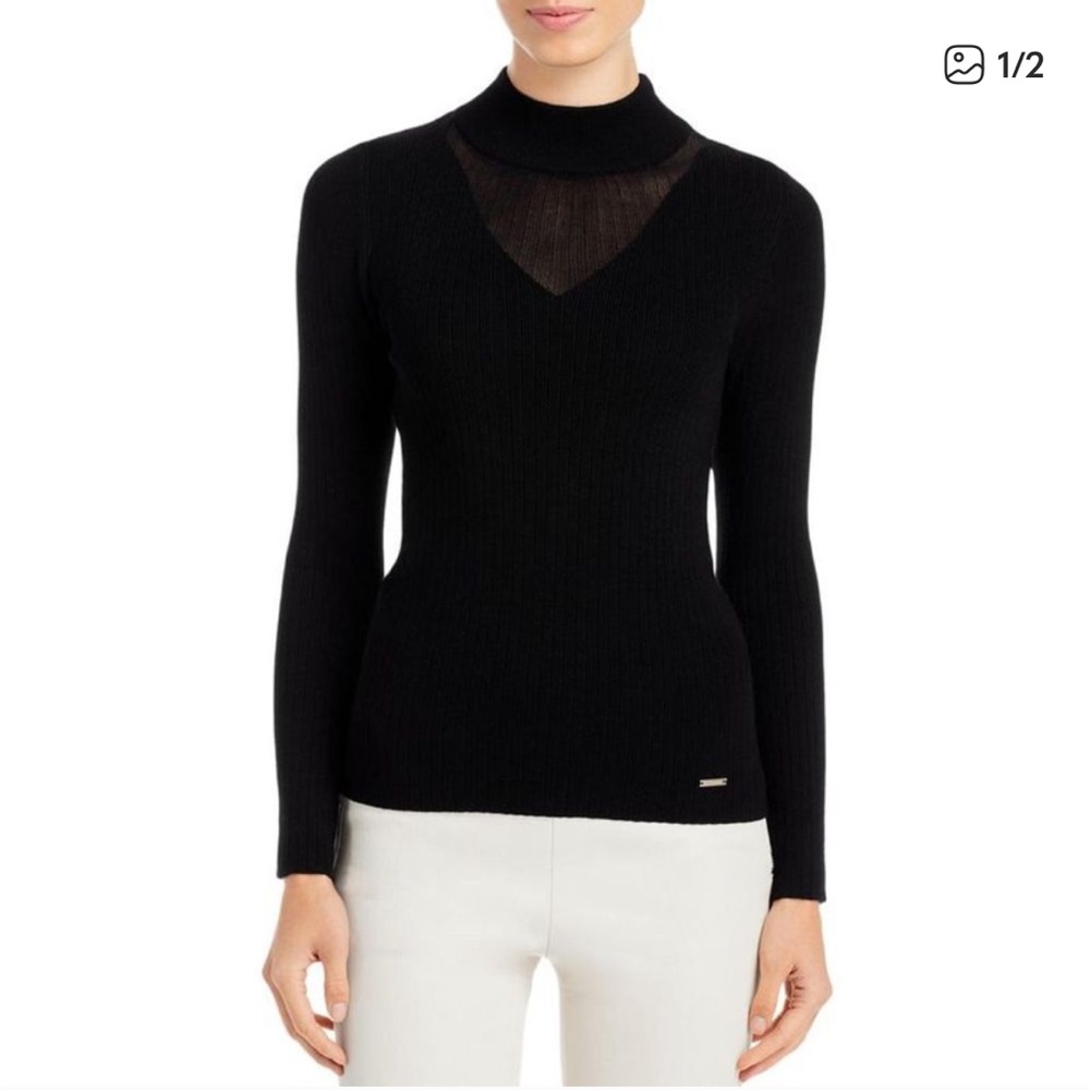 T Tahari Womens Black Ribbed Knit Fitted Mock Turtleneck Sweater Top AA
